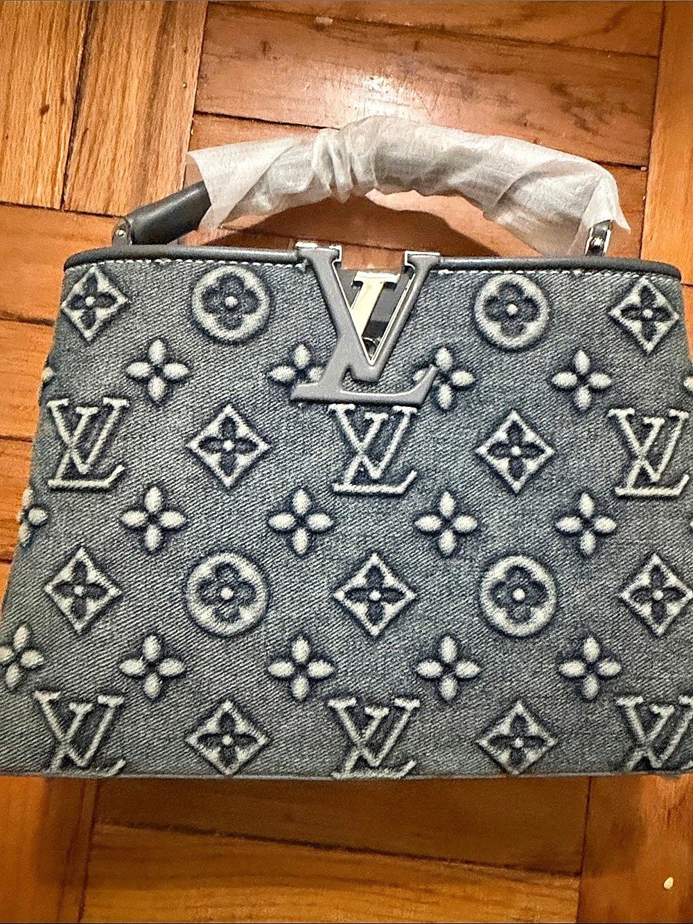 Jacquard Denim Shoulder Bag Blue & Gray